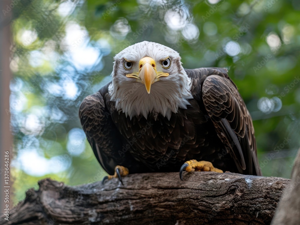 Poster close up portrait of an american bald eagle perched on a tree branch with a blurred green and blue b