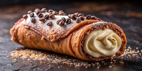 Italian Cake with Chocolate Cannoli on Top , baked goods, sweet treat,  baked goods