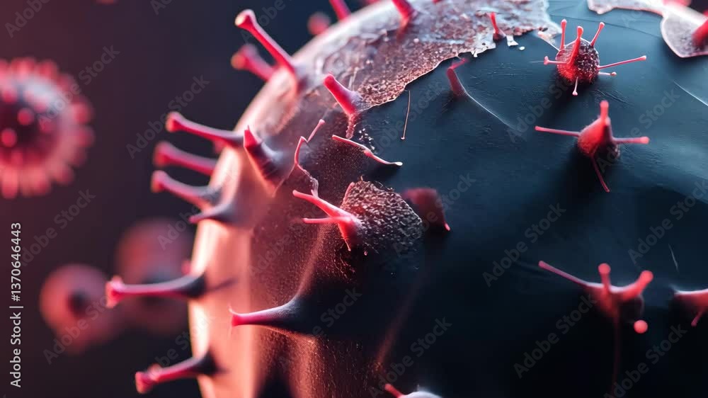 Aufkleber close up of virus particle with red spike proteins on dark background microscopic view of viral stru