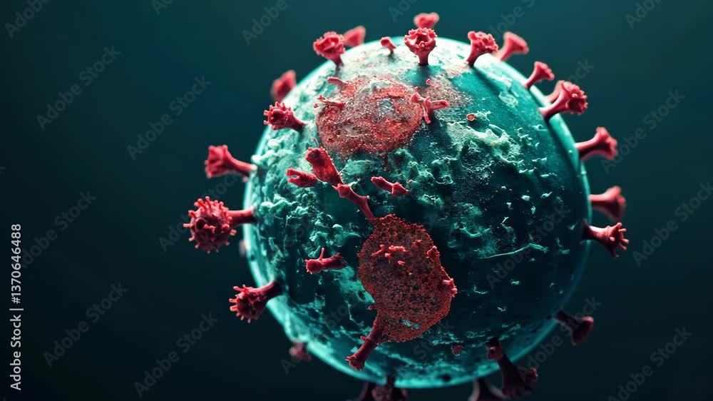 Aufkleber detailed 3d rendering of virus particle with complex structure and red spike proteins on textured su