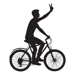 Bicycle Silhouette Man Riding And Celebrating with Hand Raised