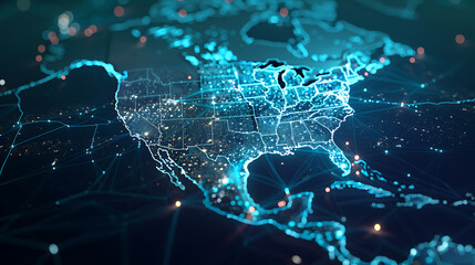 Digital map focused on North America with glowing city lights and network connections. Global communication, technology network, and data visualization concept.
