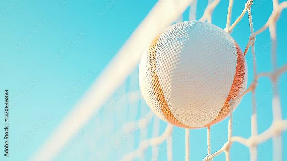 Poster volleyball net encounter, close-up view of a volleyball caught in a net, intricate mesh detail, soft