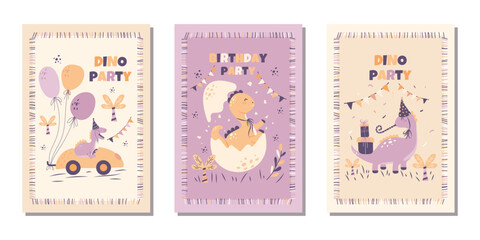 A set of cute modern holiday banners with hand-drawn dinosaurs. A collection of festive templates for Dino Party. Flat vector illustration.