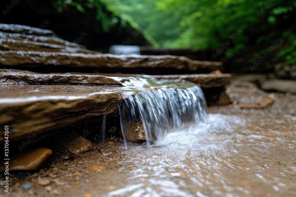 Poster close up of water cascading over layered rocks in a forest stream with blurred green foliage backgro
