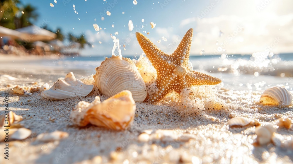 Poster starfish and shells on sandy beach with water splashes under sunlight. tropical coastal scene with c
