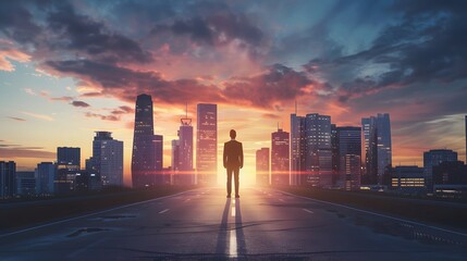 Dawning Ambition: A Businessman’s Voyage Through a Vibrant Urban Dawn