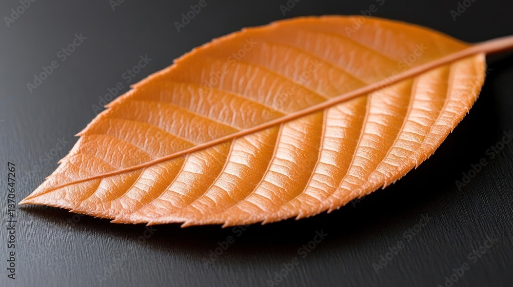 Fototapete close up shot of a single orange leaf with detailed veins and texture against a dark reflective surf