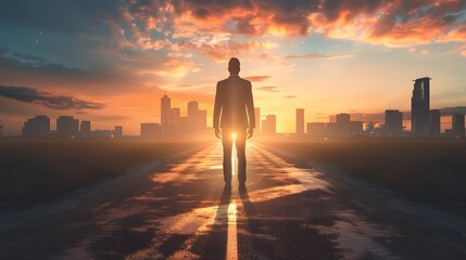 Dawning Ambition: A Businessman’s Voyage Through a Vibrant Urban Dawn