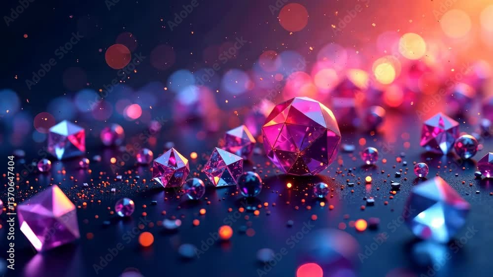 Aufkleber purple and blue faceted crystals glimmer and shine on a dark surface. tiny sparkling particles float