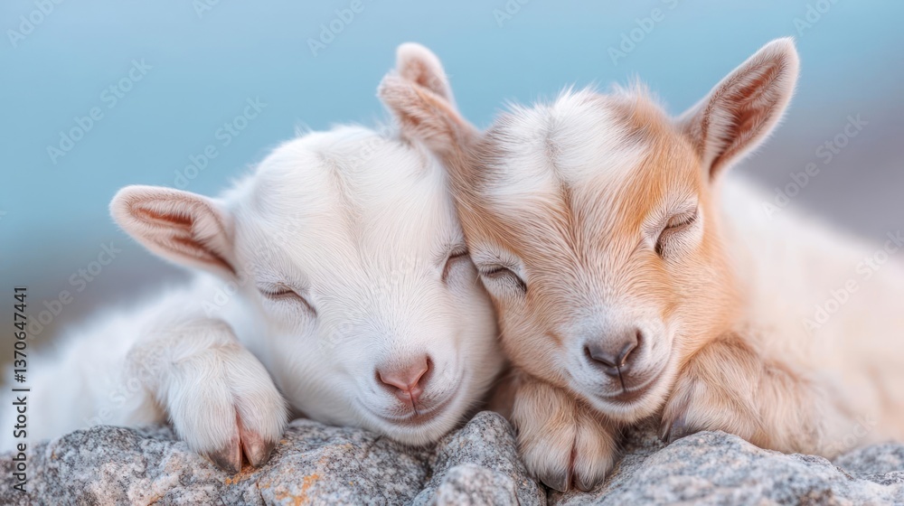 Poster two young goats cuddling on rock with closed eyes. one white and one brown. peaceful and calm scene 