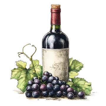 ottle of Red Wine with Grapes and Vine Leaves &ndash; Vintage Watercolor Still Life