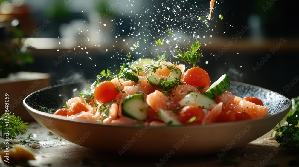 Poster close up view of a fresh colorful salad with ingredients being added in a well-lit kitchen setting w