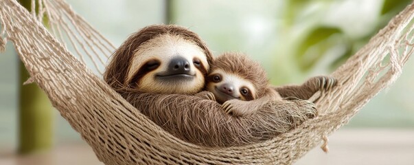 Naklejka premium Two sloths cuddle in a hammock, showcasing their adorable expressions and relaxed demeanor in a cozy, serene environment.