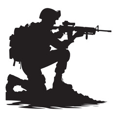Silhouette Military Soldier Kneeling Holding Rifle Vector Illustration Art