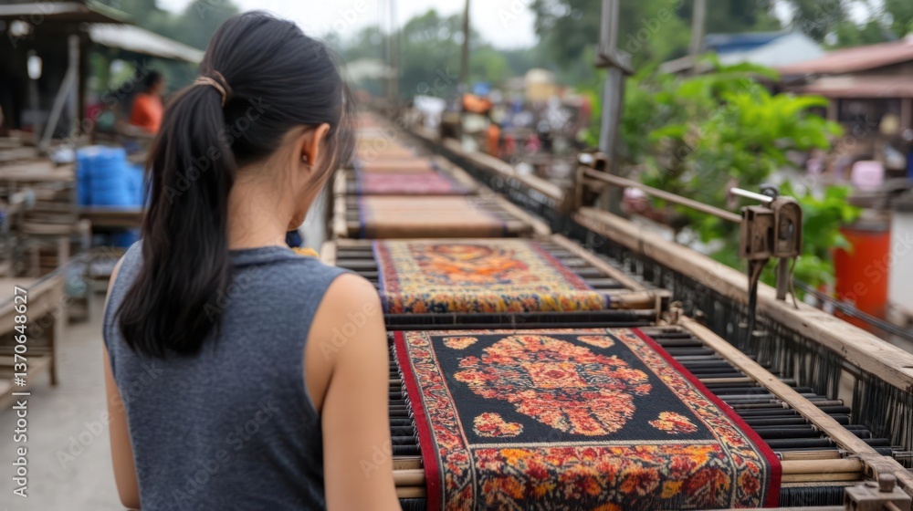 Poster woman observing woven textiles on a mechanical loom in an outdoor workshop setting with selective fo