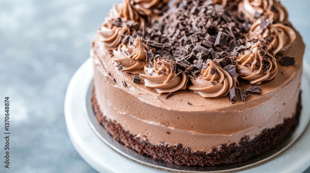 Poster delicious chocolate cake with layers of mousse frosting and chocolate shavings on a white cake stand