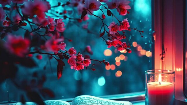 Cozy Indoor Scene with Open Book, Blooming Flowers, Candlelight, and Rain Falling on Window Creating a Tranquil Atmosphere for Relaxation and Reflection