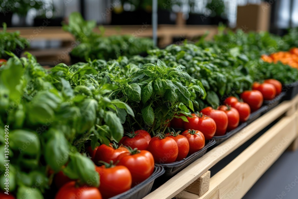 Poster rows of fresh red tomatoes green basil plants and other vegetables arranged neatly in a greenhouse s