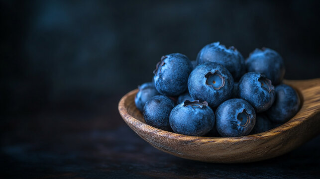 A close up shot of fresh blueberries in a wooden spoon on a dark background in soft lighting