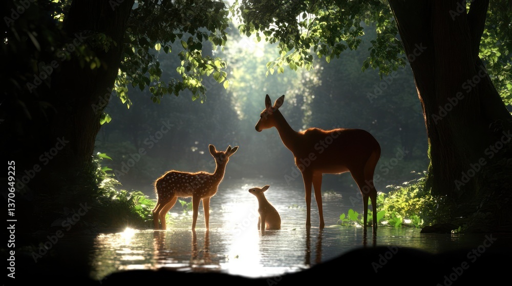 Aufkleber Two deer and a fawn standing in a shallow stream, bathed in sunlight filtering through the trees. Green vegetation surrounds them. Soft and dreamy atmosphere
