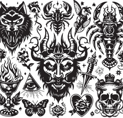 Tattoo Style Vector Bundle | Vintage Skull, Roses, Dragons, and Wild Animals Illustrations