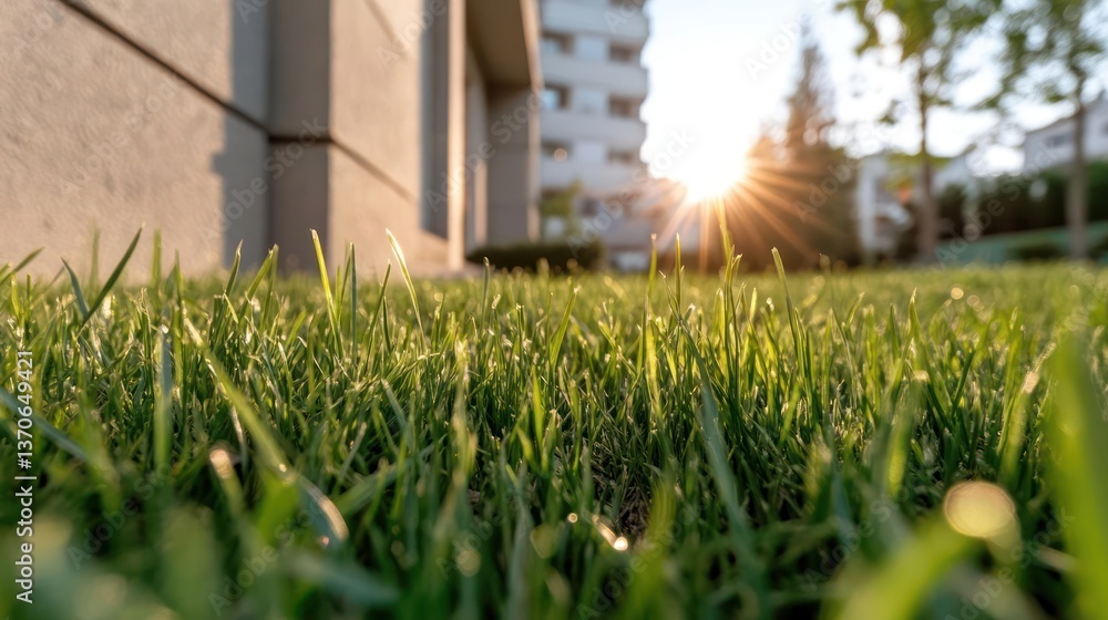 Poster Close up of green grass with buildings and trees in the background illuminated by sunlight creating lens flares