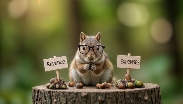 Bookkeeping humor: Cute squirrel wearing eyeglasses analyzes Revenue vs Expenses using acorn piles. Business finance and resource management metaphor