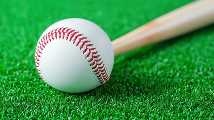 New baseball and polished bat on vibrant artificial turf, gleaming surface, inviting play area, perfect for showcasing the sport's spirit and excitement.