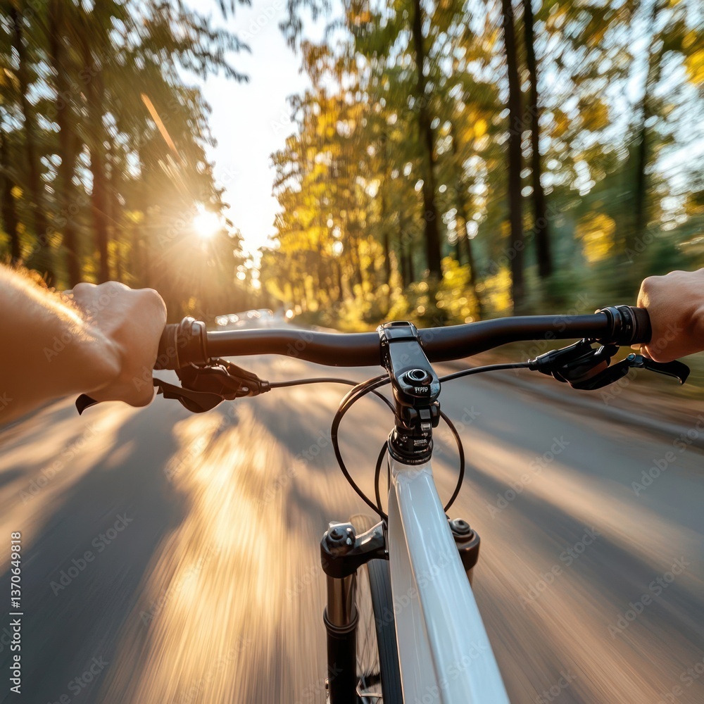 Aufkleber rider perspective of mountain bike handlebar with blurred background of a sunny forest trail during 