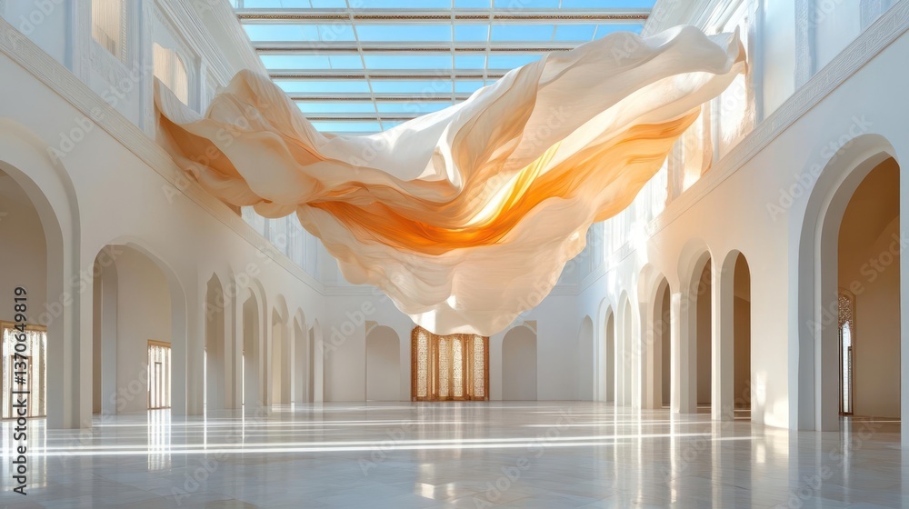 Poster large indoor space featuring an abstract fabric art installation hanging from the ceiling with archw