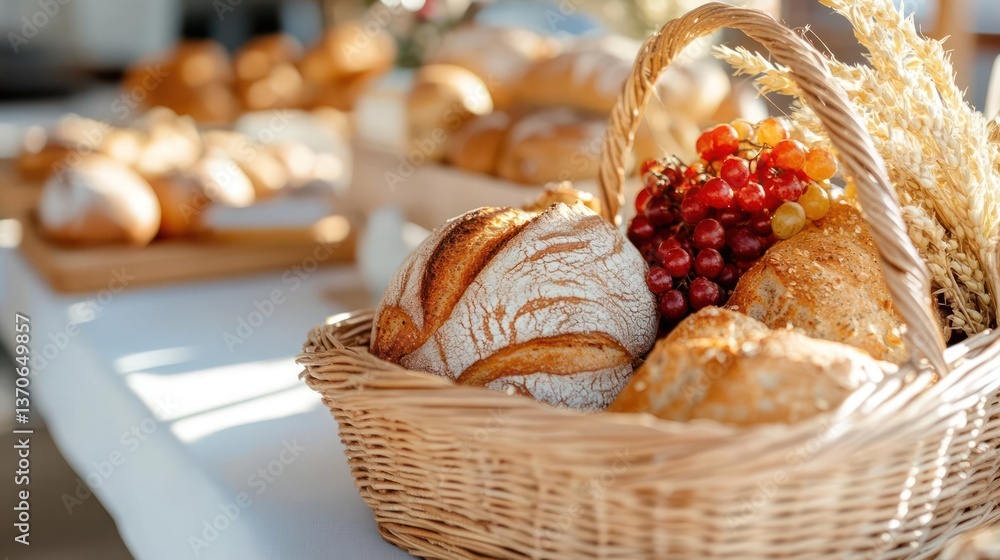 Poster close up of artisan bread and red grapes in wicker basket on white cloth table with wheat and more b