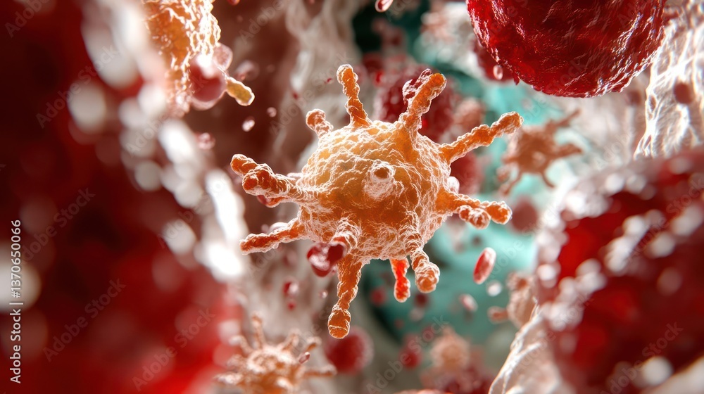 Poster microscopic view of a virus cell with a spiky outer shell and vibrant orange hue suspended among red