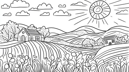 Black and white countryside landscape coloring page
