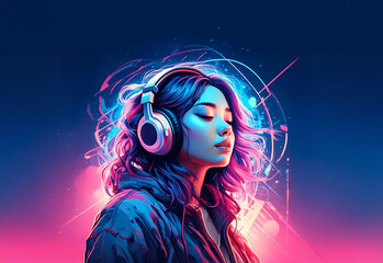 네온 불빛 속 헤드폰을 쓴 여성 사이버펑크 감성