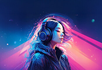 미래적인 스타일의 헤드폰을 착용한 젊은 여성