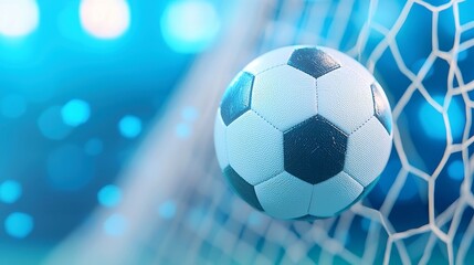 Soccer Ball Impacting Goal Net, dynamic motion captured as the ball collides with the net, energy and excitement conveyed through blurred particles and movement.