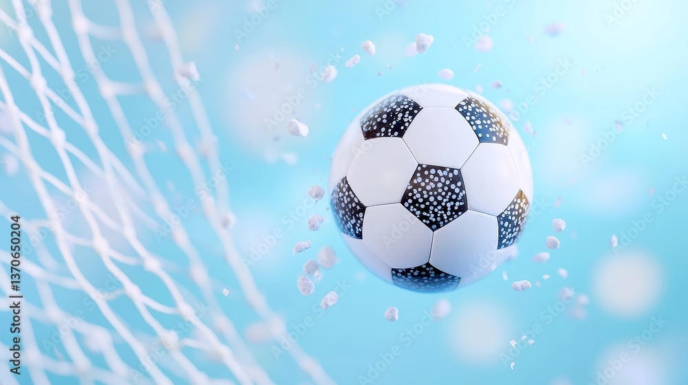 Poster soccer ball in goal net, a dynamic scene capturing a soccer ball hitting the net with particles flyi