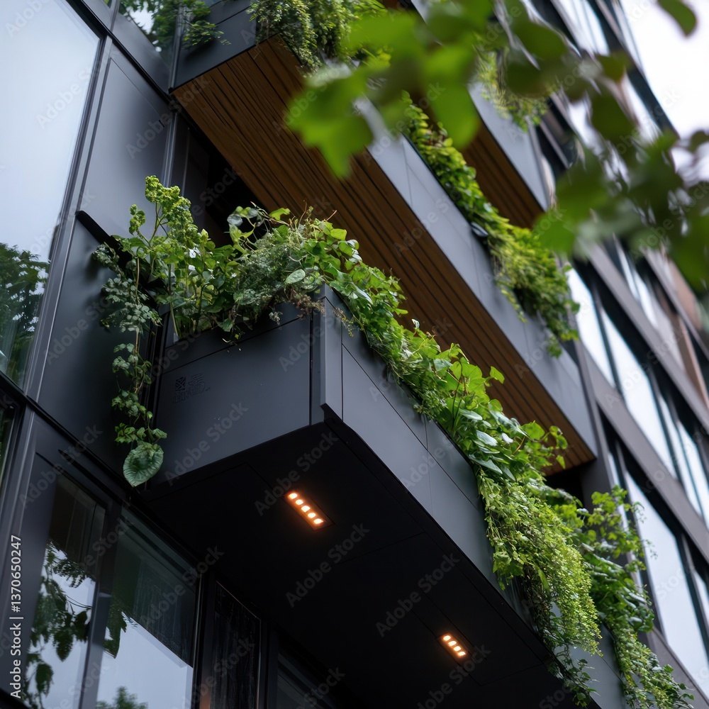 Poster exterior of a modern building featuring metallic planters overflowing with green foliage under overc