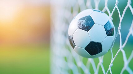 Soccer Ball Impact in Goal, Capturing the moment a soccer ball strikes the net, vibrant motion blur and particles emphasize the energy of the game and the thrill of scoring.