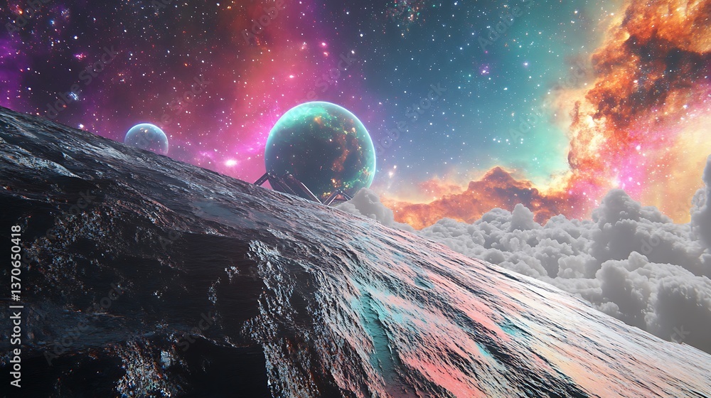 Poster cutting-edge astronomy lab with high-tech telescopes and interactive digital star charts