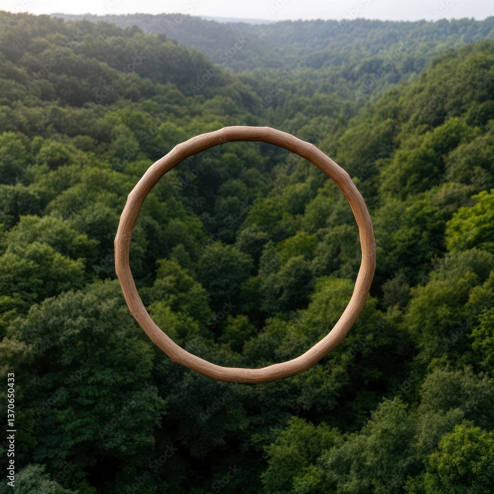 Poster Aerial view of lush green forest landscape with circular object in a sunny day