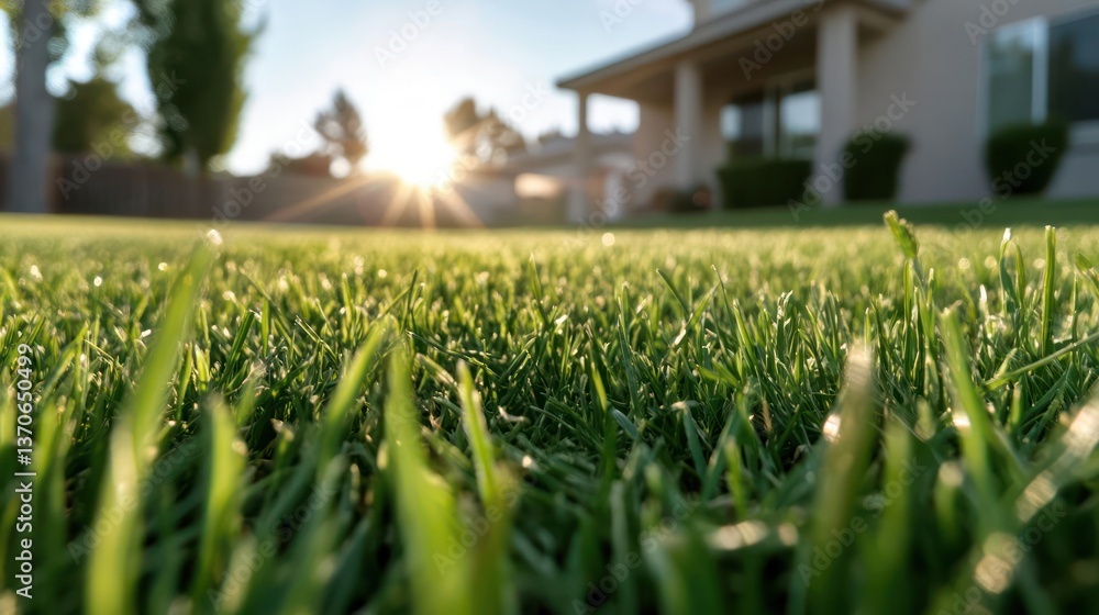 Poster low angle view of green grass with morning dew and bright sunlight in the background with a building