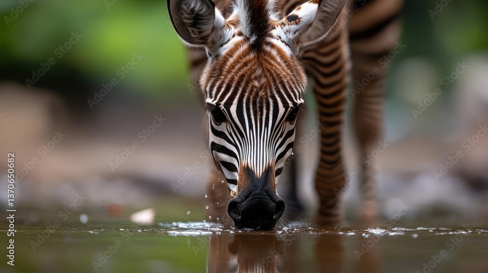 Poster Zebra drinking water in natural environment with striped pattern and water reflection. Close up portrait of the animal in the wild