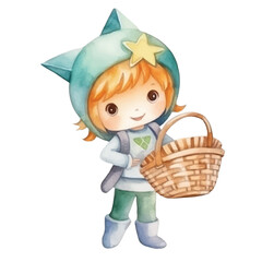 diver holding basket with starfish cute watercolors illustration on white background