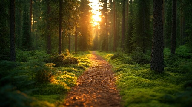 Sunlit forest path - Powered by Adobe