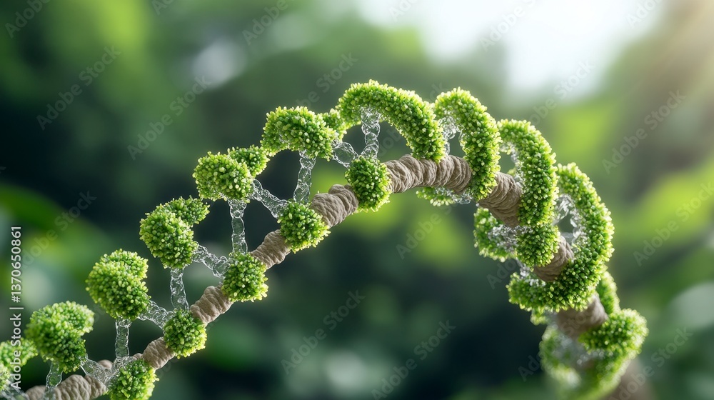 Poster detailed 3d rendering of a dna double helix, green and beige color scheme, shallow depth of field, b