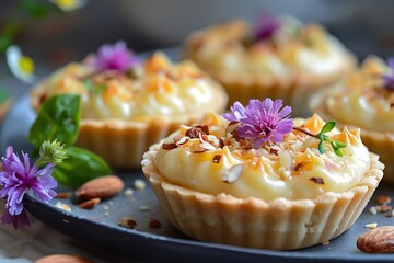 Elaichi Phirni Tarts plated in mini tart shells, creamy rice base, topped with edible flower and crushed