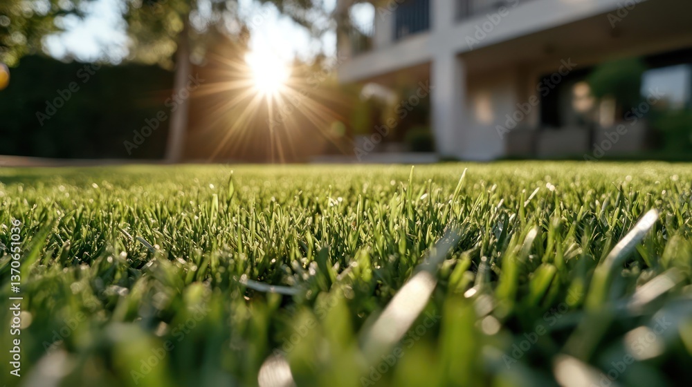 Poster close up of lush green grass with sunlight shining through a large home and trees in background. bri