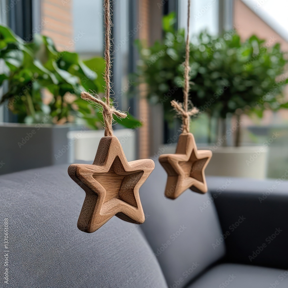 Poster wooden star ornaments hanging from strings with blurred background featuring green plants and a gray